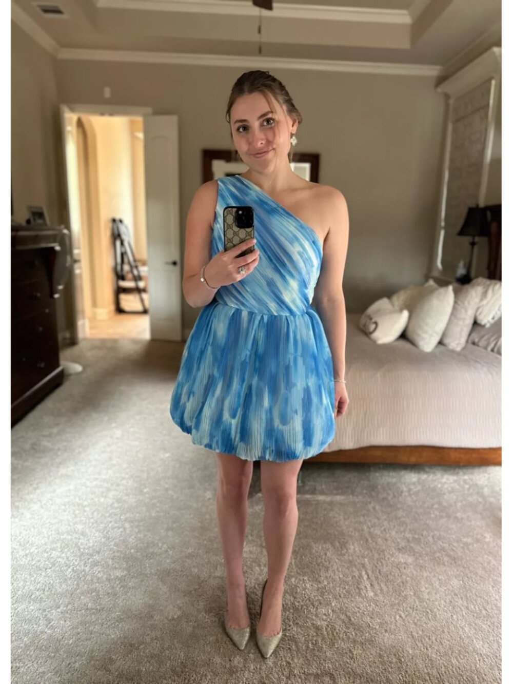 HUTCH One-Shoulder Bubble Mini Dress in Blue Size US 6